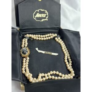 Vintage Menorca Hematite Cameo Clasp Brooch White Pearl Necklace